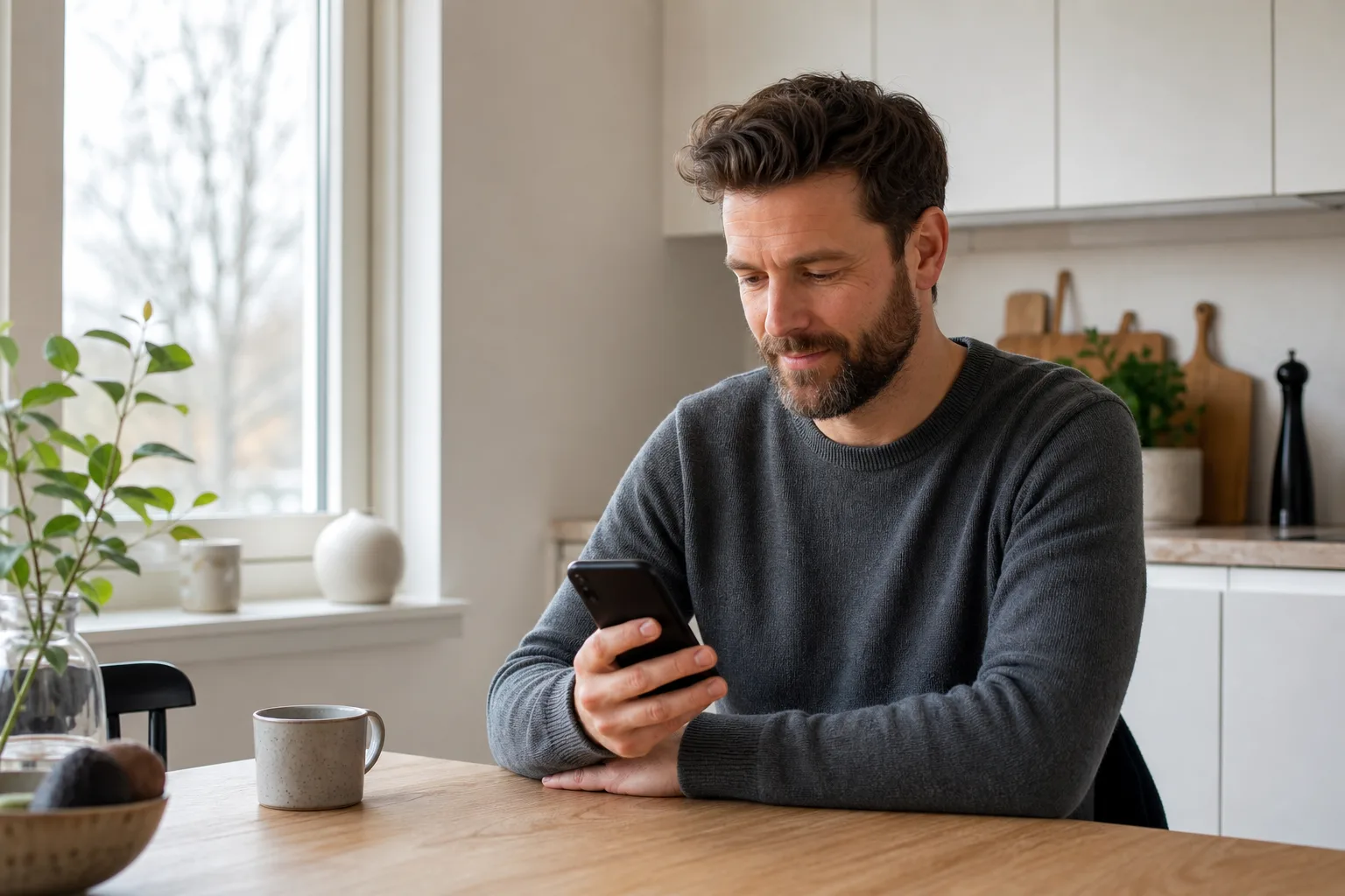 Person aktiverar eSIM på en mobiltelefon i ett ljust kök