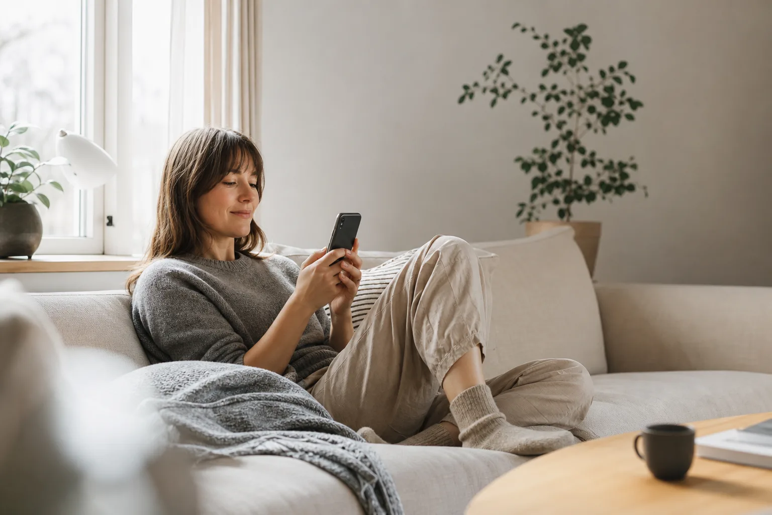 Person använder mobilen avslappnat hemma tack vare eSIM