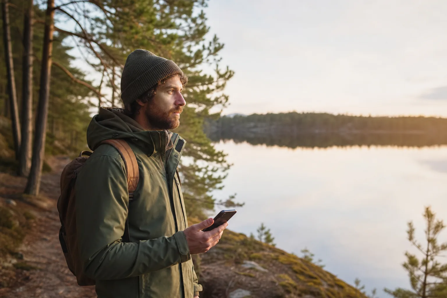 Resenär som använder mobiltelefon med eSIM utomlands